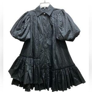 Aje Ambience Smocked Black Cotton Lined Mini Dress With Ruffles Sz 4 Puff Sleeve